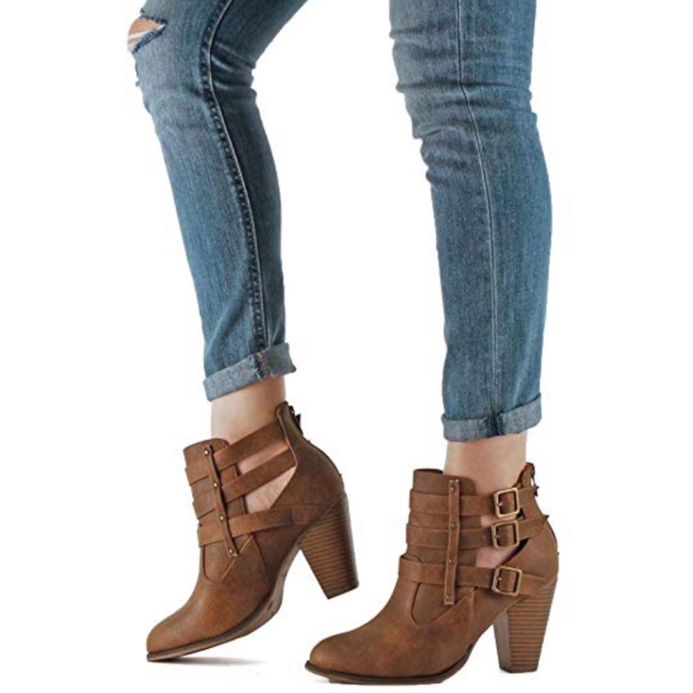 Tan Open Side Ankle Chunky Heel Booties - Picture 2 of 8